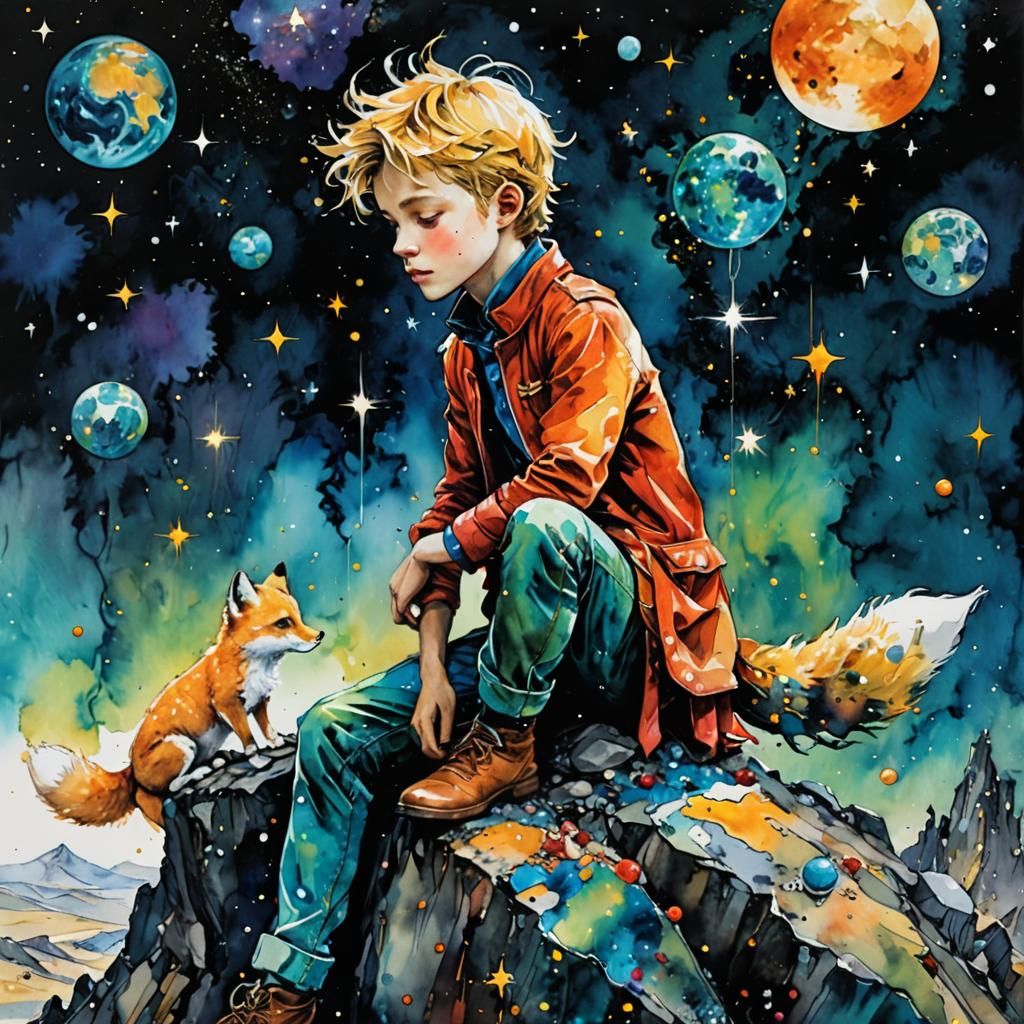 Little Prince and Fox on Asteroid