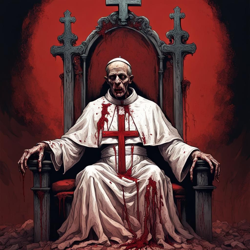 Horrific Zombie Pope on Throne Illustration