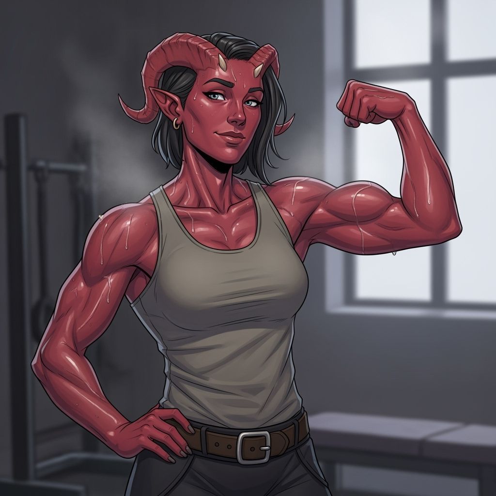 Tiefling Sorceress Flexing: Comic Realism Portrait