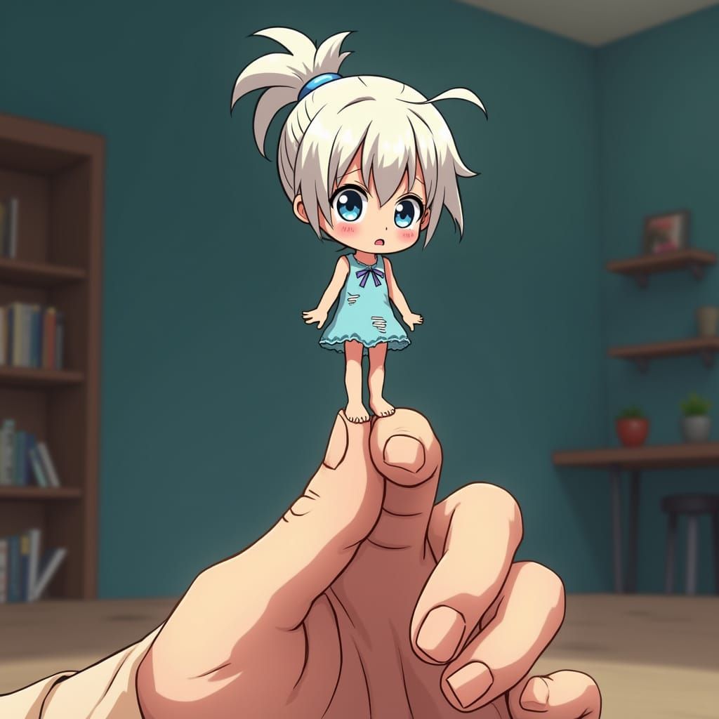 Nervous Anime Girl on Giant Thumb