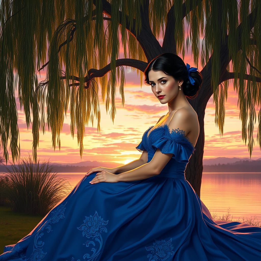 Ethereal Lady in Vibrant Blue Gown Sits Under Majestic Willo...