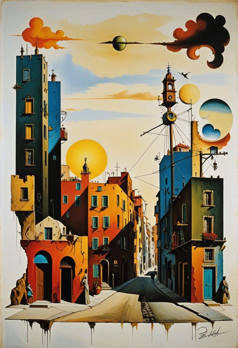A surreal city street scene, by Salvador Dali