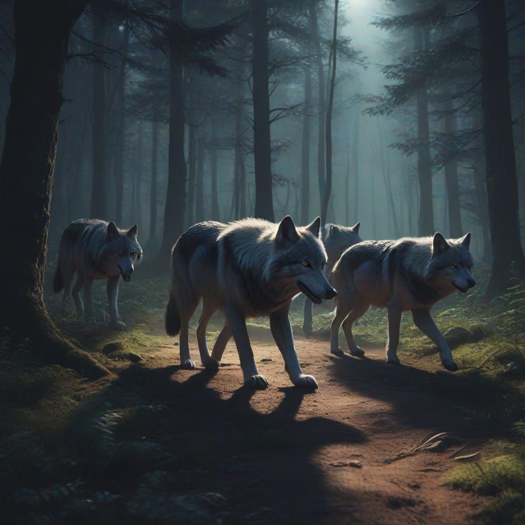 Moonlit Wolves Roam the Forest in Vibrant Oil Painting Style