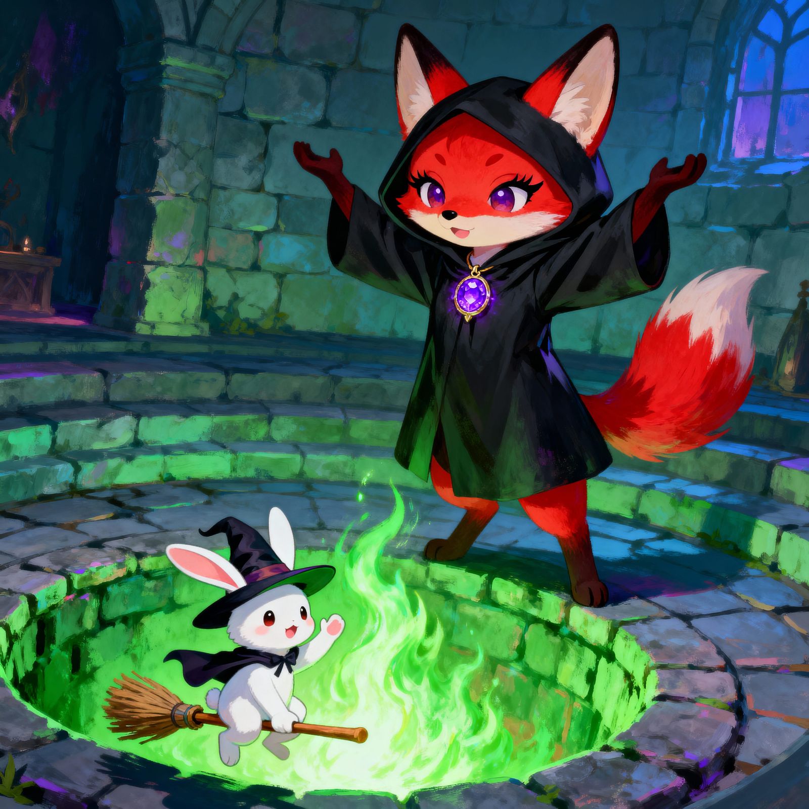 Anime Fox Invokes Green Flame in Fluorescent Stone Room