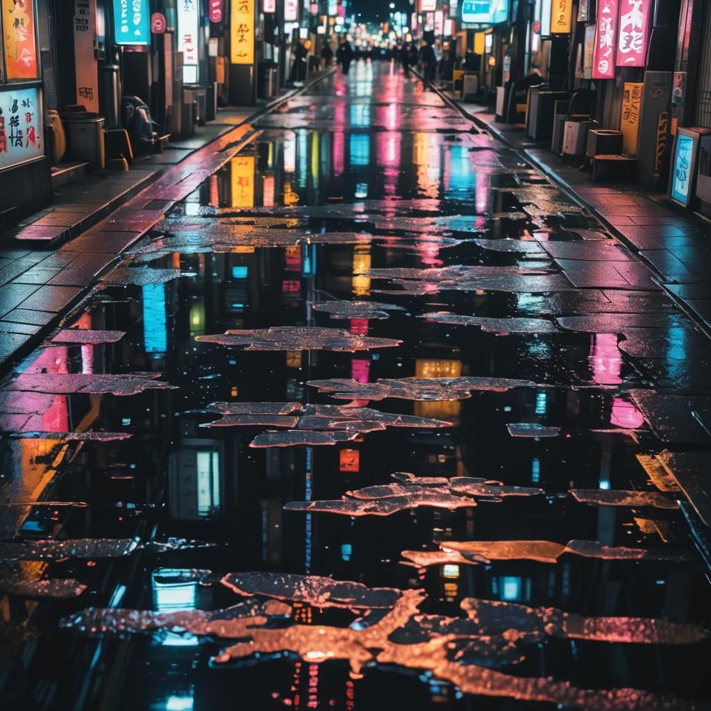 Neon Reflections in Futuristic Tokyo Puddle