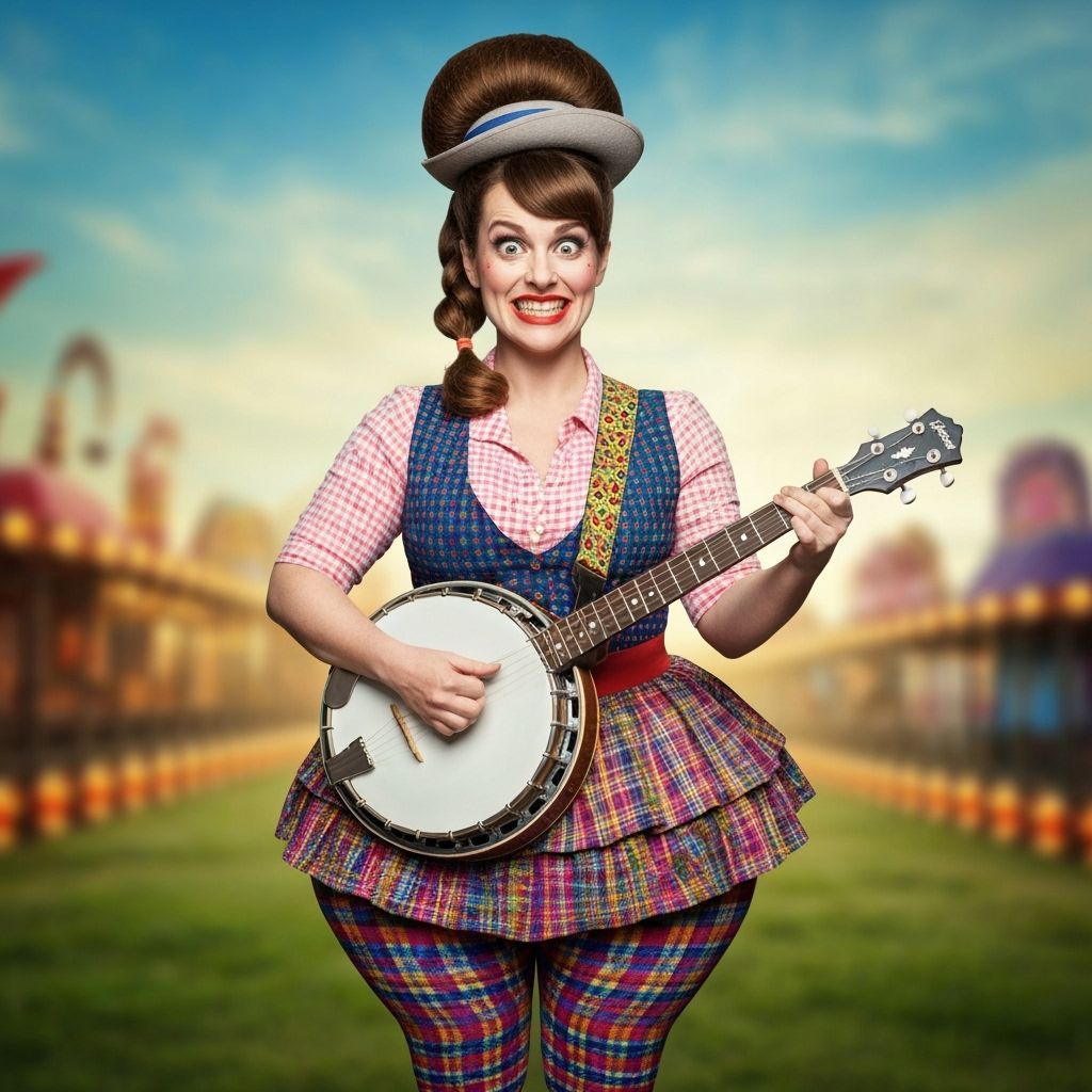Whimsical Woman Playing Banjo in Surreal Landscape