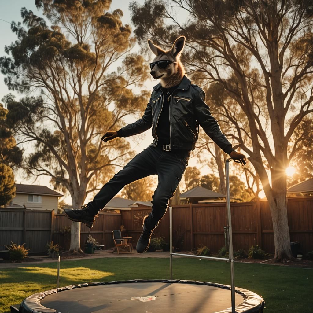Biker Kangaroo on Trampoline: Cinematic Film Still