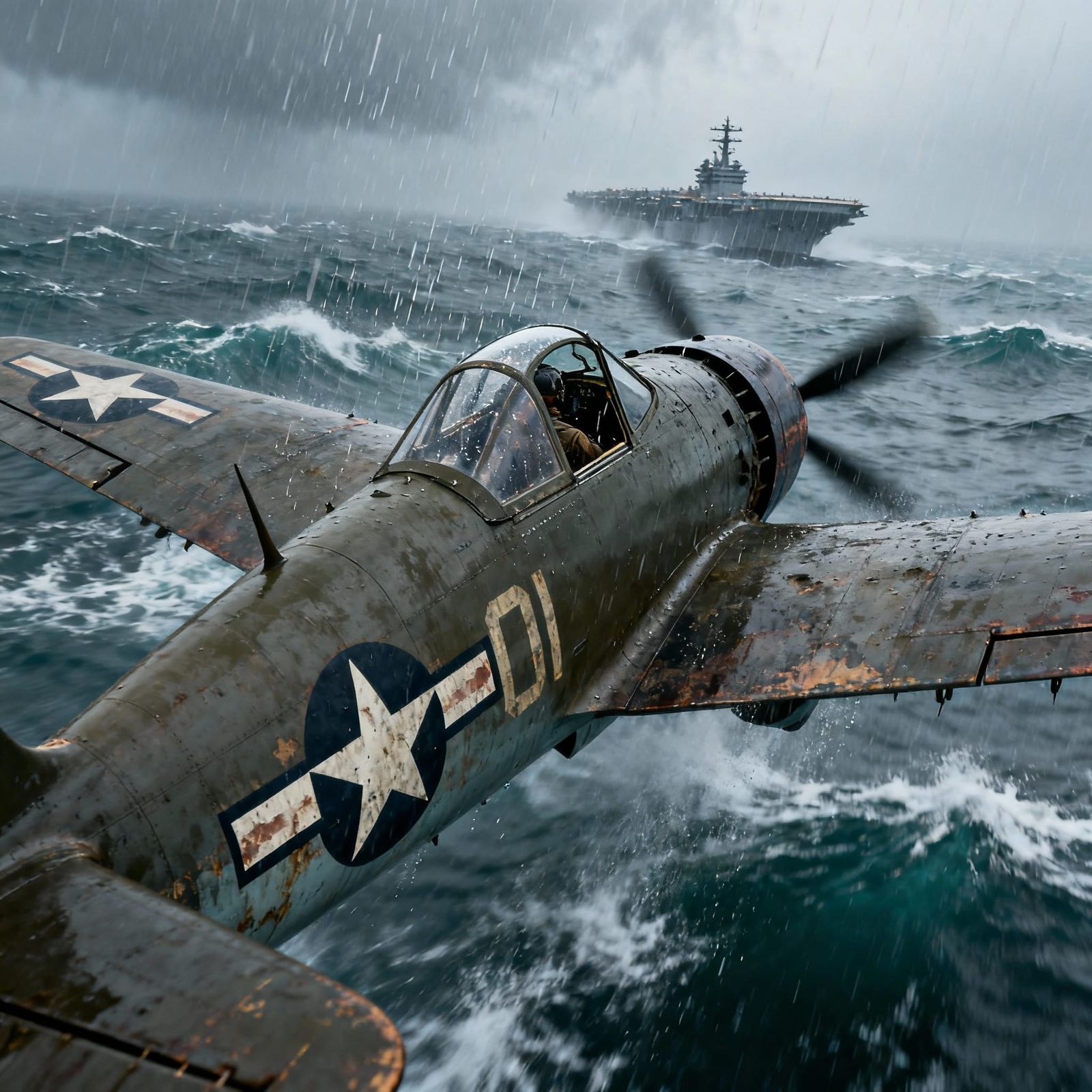 WWII Hellcat Fighter Over Choppy Ocean in Heavy Rain