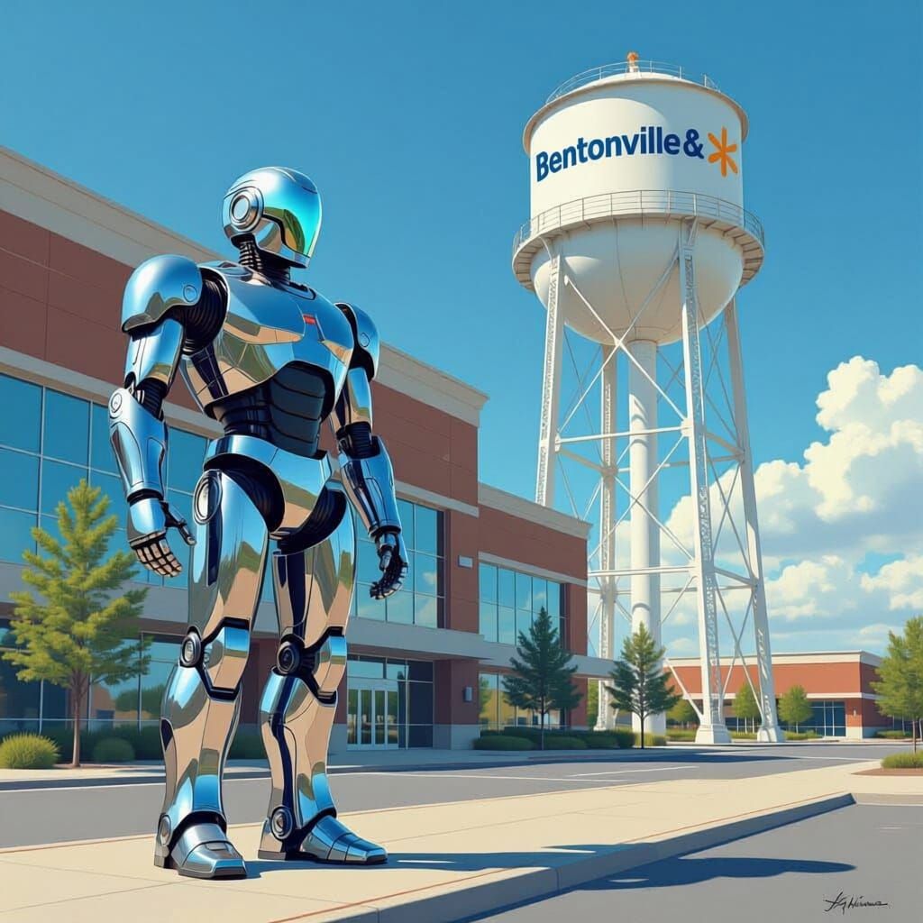 Hyperrealistic Robot at Walmart Home Office with Water Tower