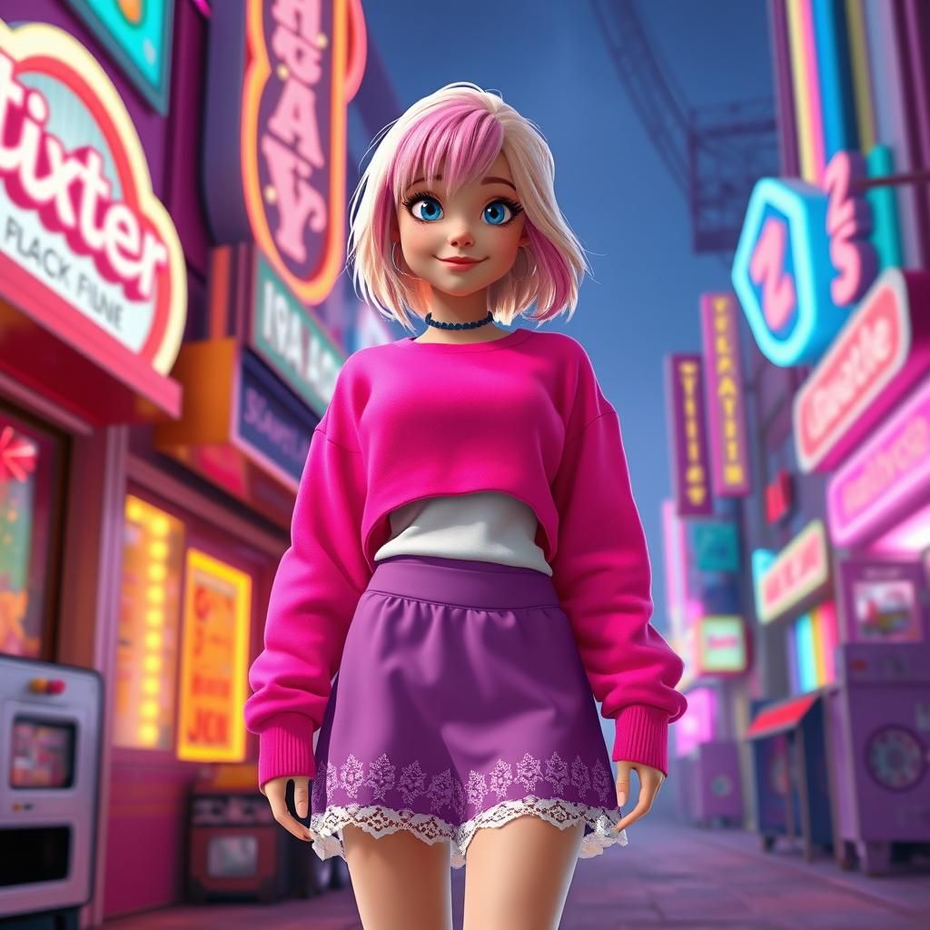 Girl in 80s Style Neon Cityscape, Disney CGI