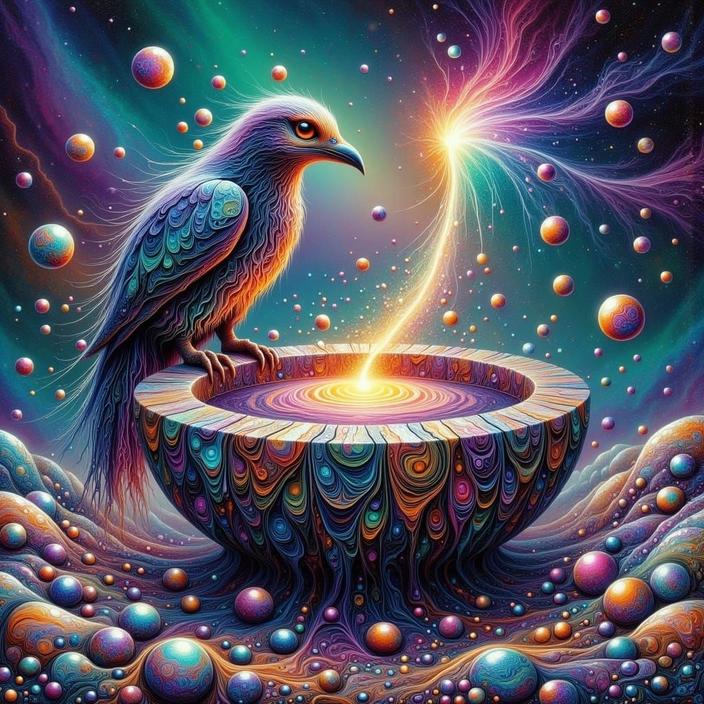 Ethereal Quantum Realm: Obsidian Well and Ancient Guardian