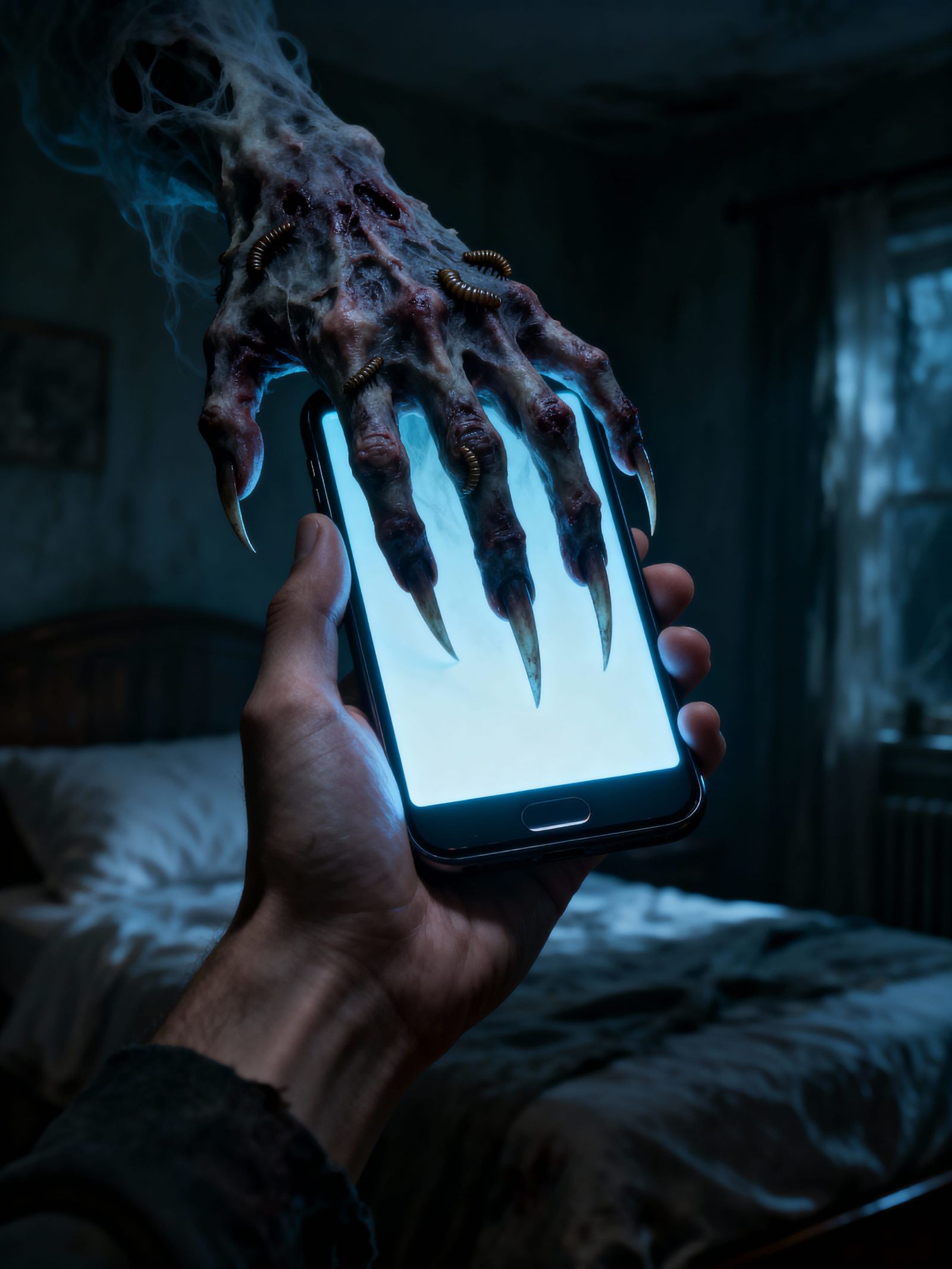 Eerie Bedroom Horror: Ghostly Hand Reaches From Smartphone