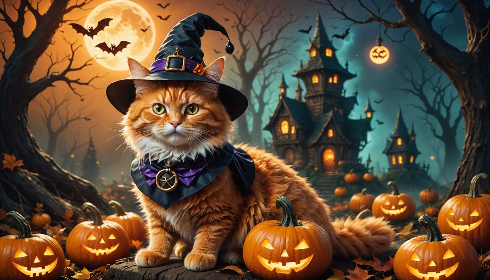 Ginger Cat in Witch Hat on Glowing Pumpkins