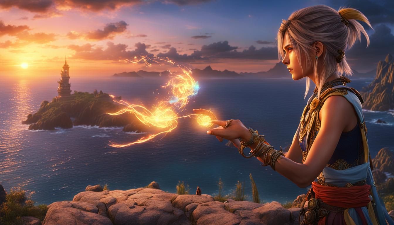 Final Fantasy Woman Casting Magic at Sunset
