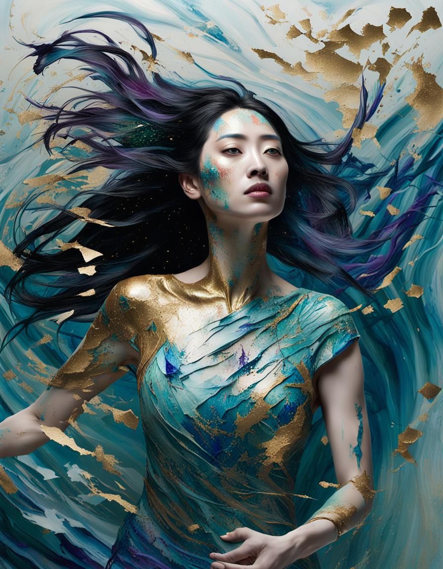 Fractured Porcelain Dancer in Splatter Paint Sea