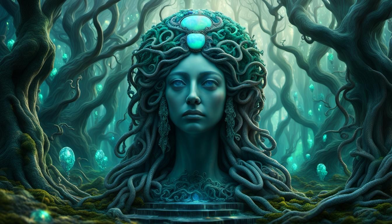 Opal Medusa Statue in Crystalline Forest