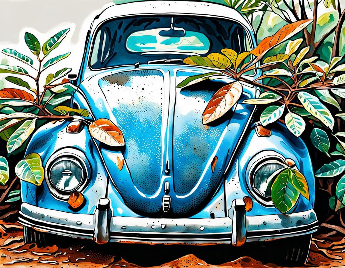 Schefflera Engulfs a Rusty Blue Beetle: Pen and Ink