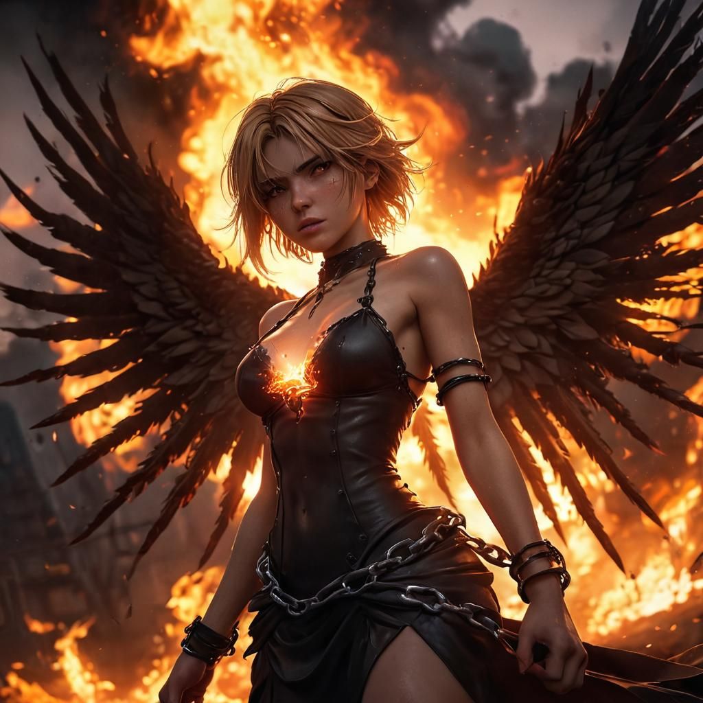 Anguished Angel in Fiery Chains: Anime Concept Art
