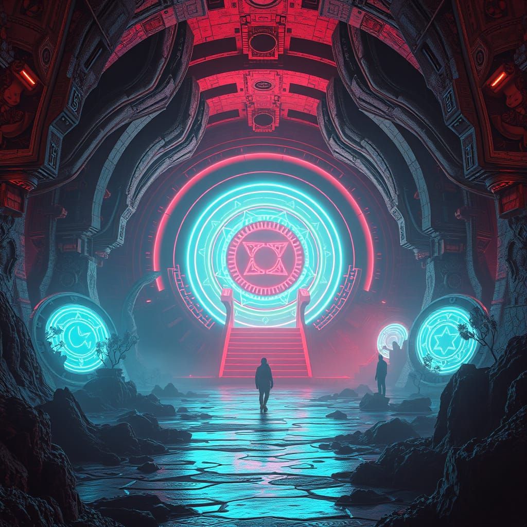 Bioluminescent Sigils in Alien Temple: Retro-Futuristic Land...