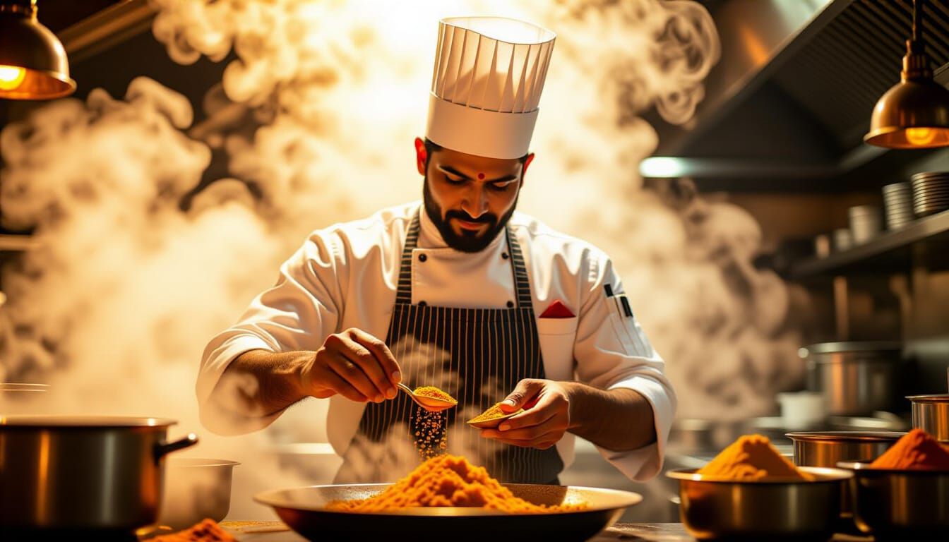 Chef Adds Spices in Warmly Lit Indian Kitchen