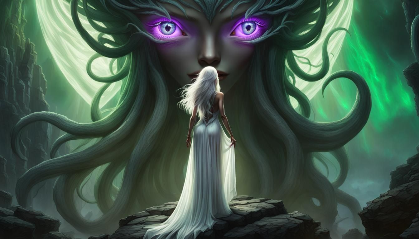 Dark Fantasy Goddess Gazing at Eye of Tentacles