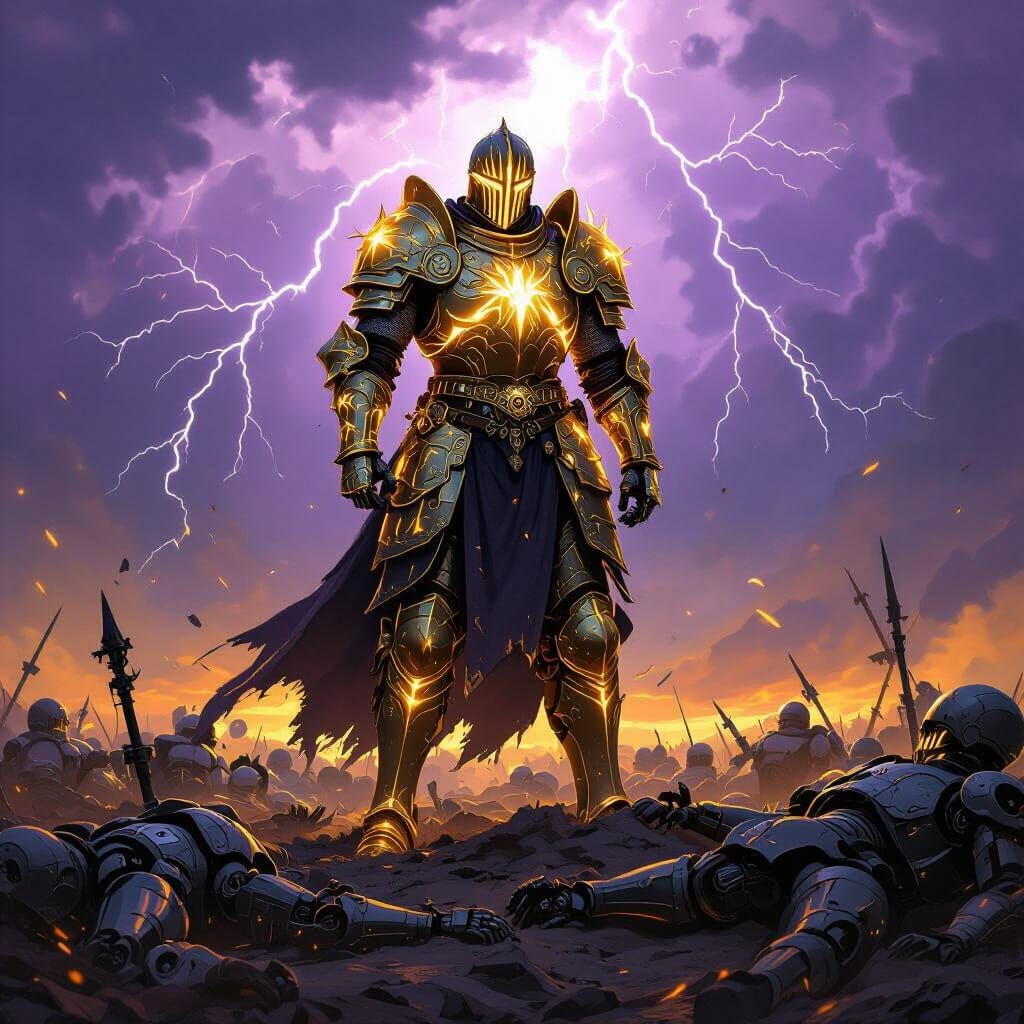 Knight Defies Robotic Army Under Electric Storm Sky