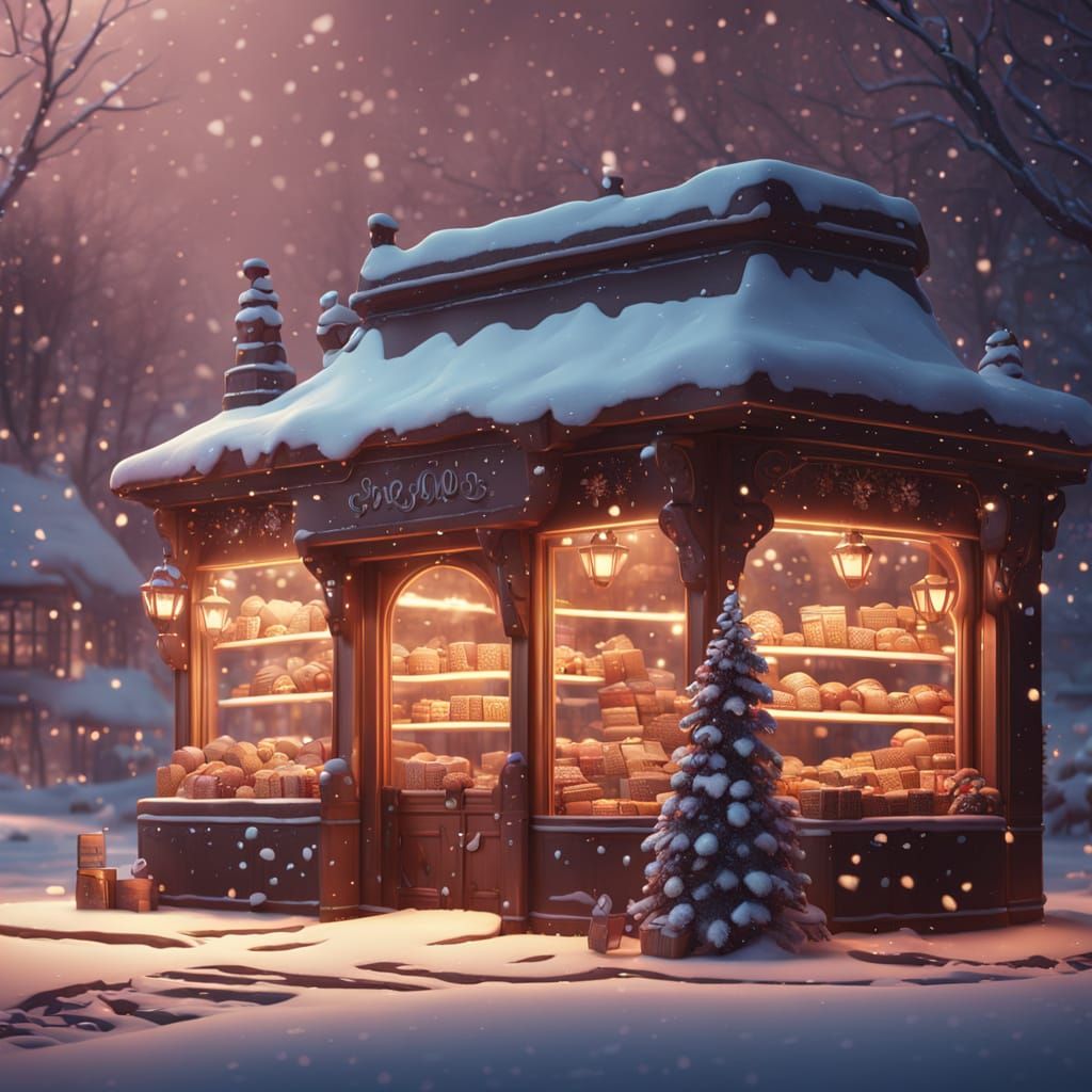 Chocolate Shop in Gentle Snow, Fantasy Matte Painting