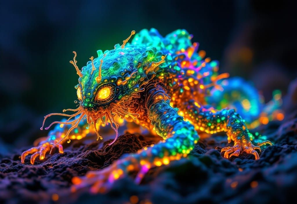 Bioluminescent Alien Creature in Triadic Neon Colors