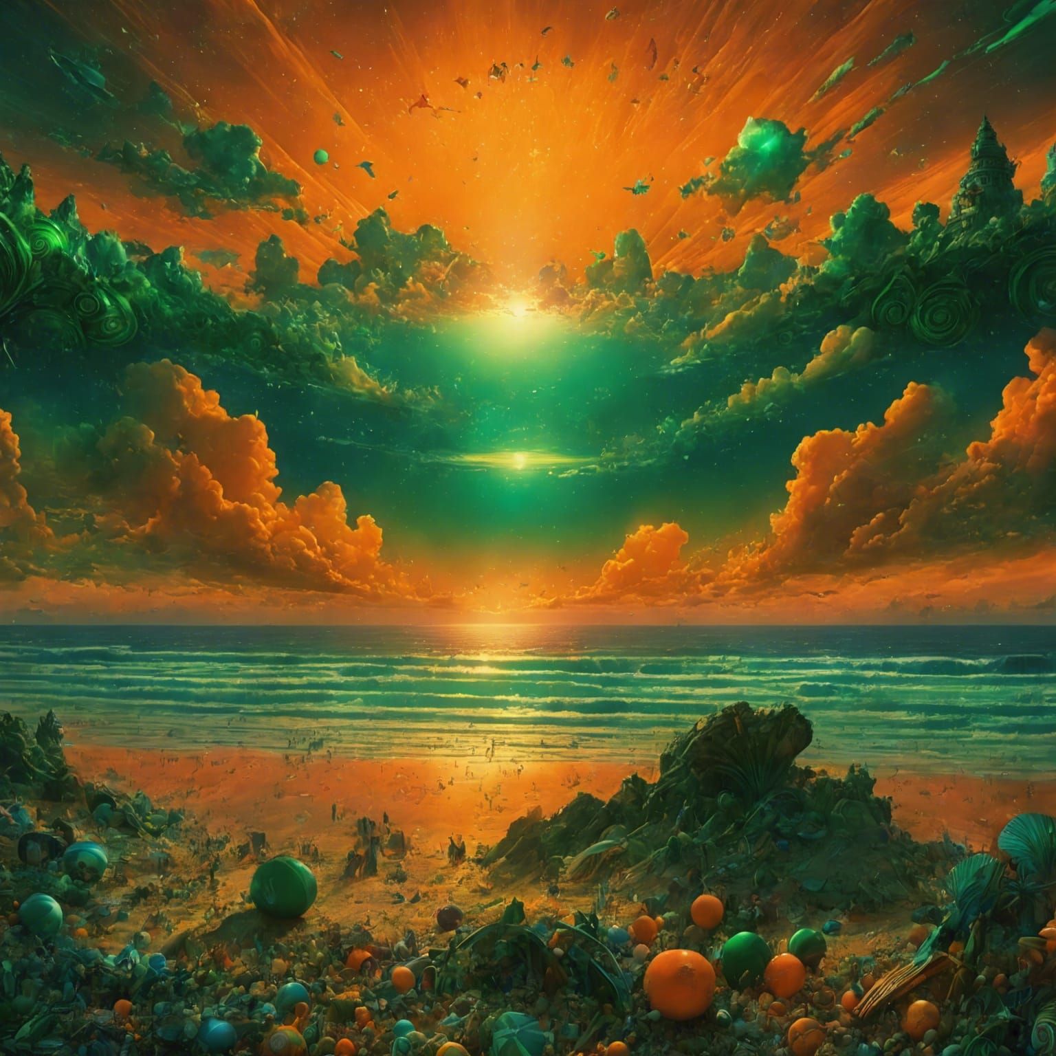 Orange and Green Beach Sunset: Digital Matte Painting