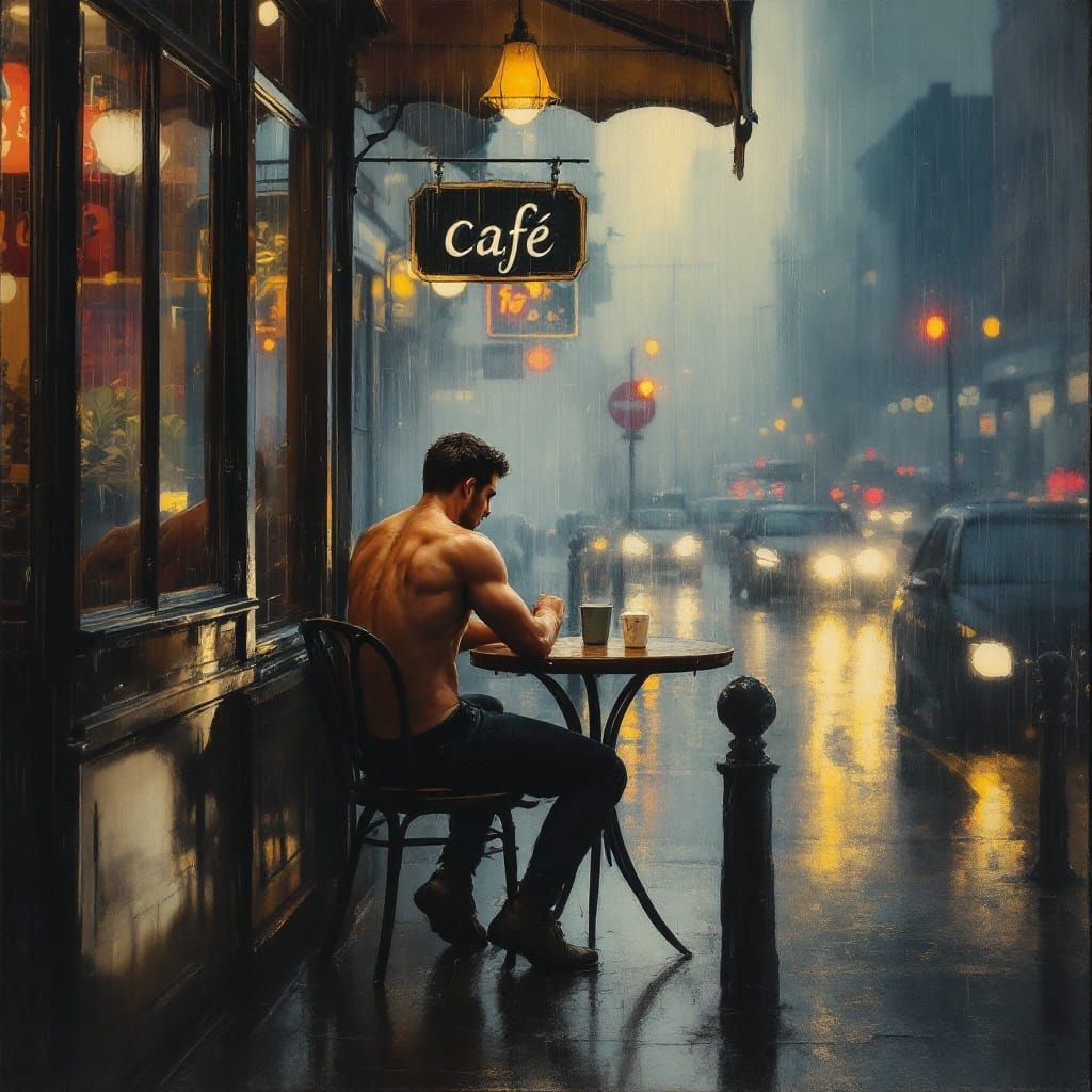 Hopper-Inspired Realist Painting of a Shirtless Man in a Rai...