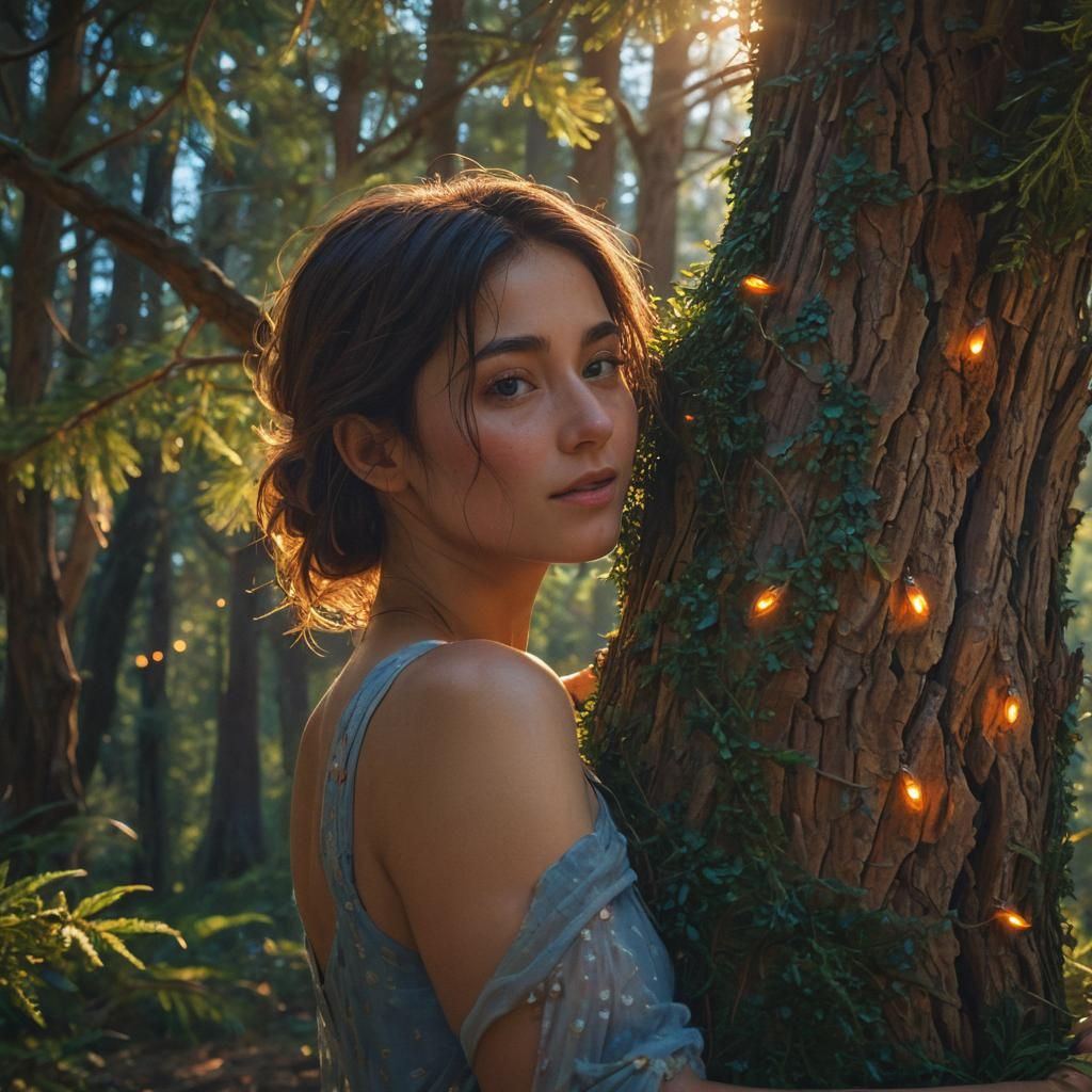 Woman Hugging Tree in Mediterranean Forest Concept Art