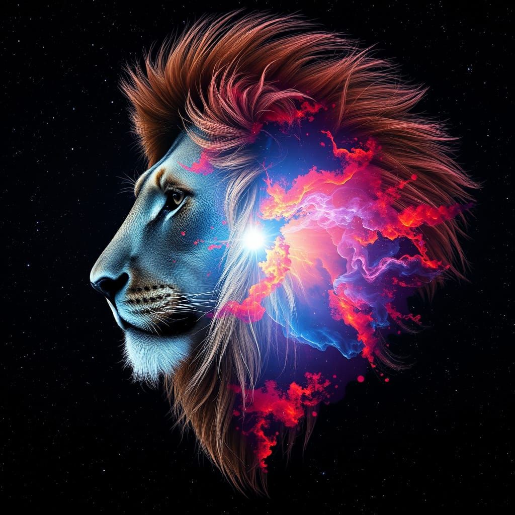 Surreal Lion's Head Against Cosmic Nebula in Vibrant Double ...