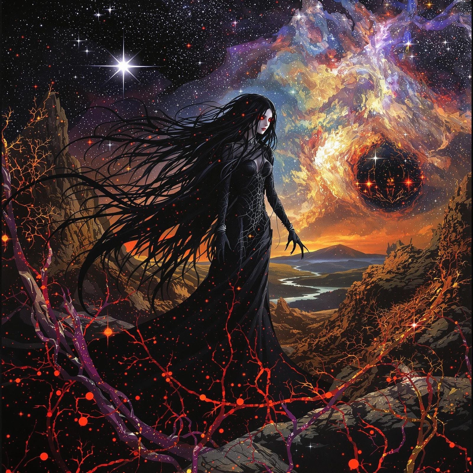 Lovecraftian Girl in Cosmic Horror Landscape