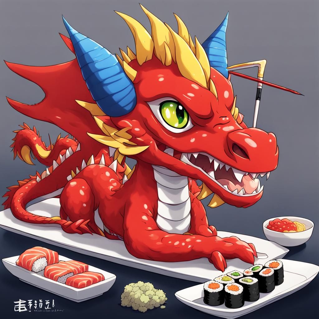 Cute Red Lindworm Dragon with Sushi, Anime Style