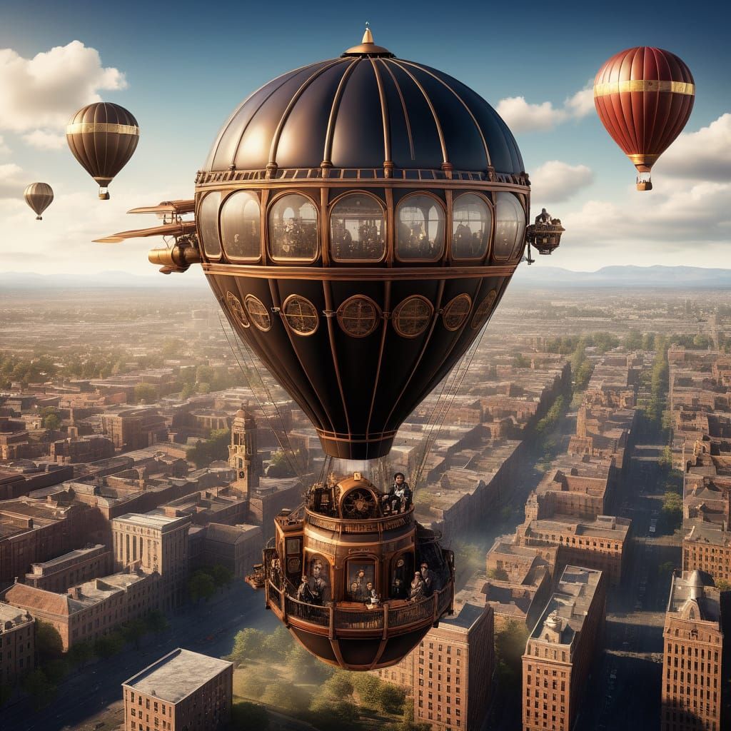 Victorian Era Hot Air Balloon Soars Above City Skies