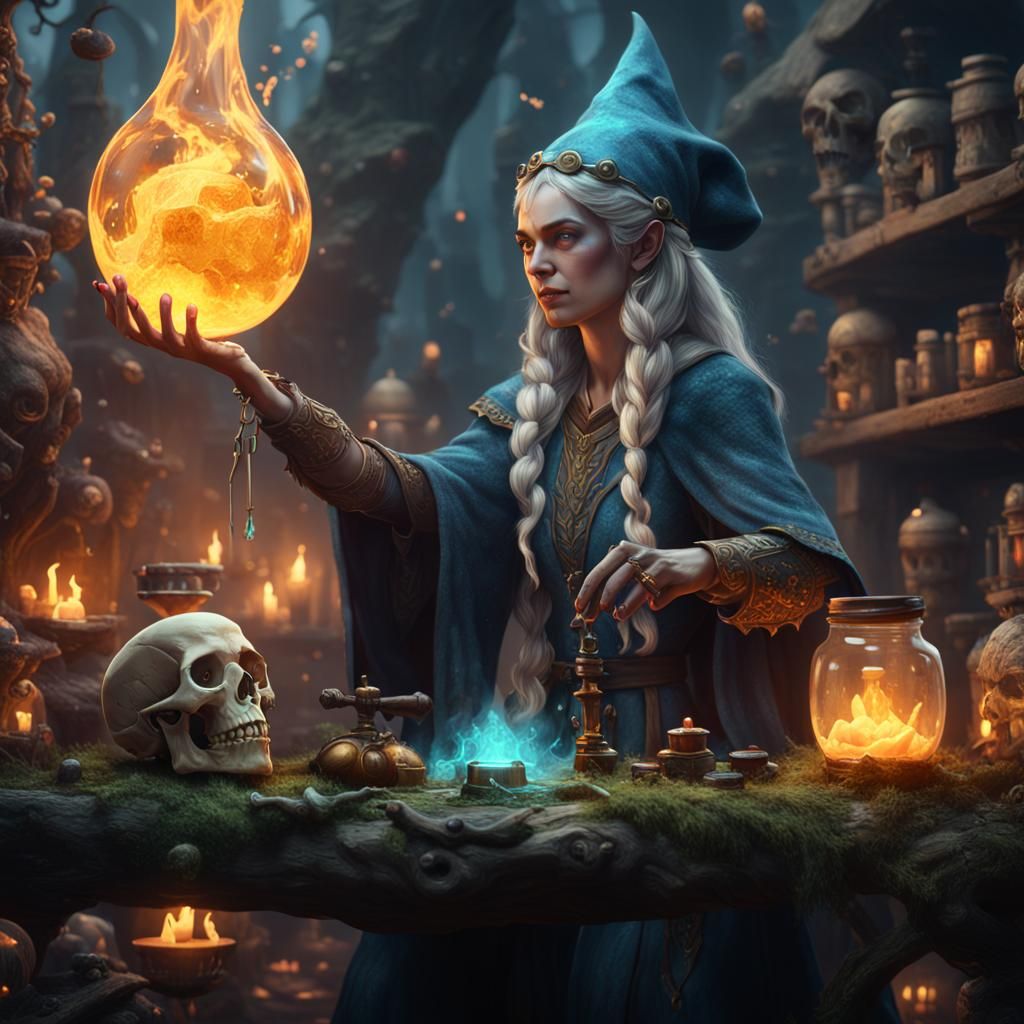 Elven Witch Brews Potion in Skull: Fantasy Art