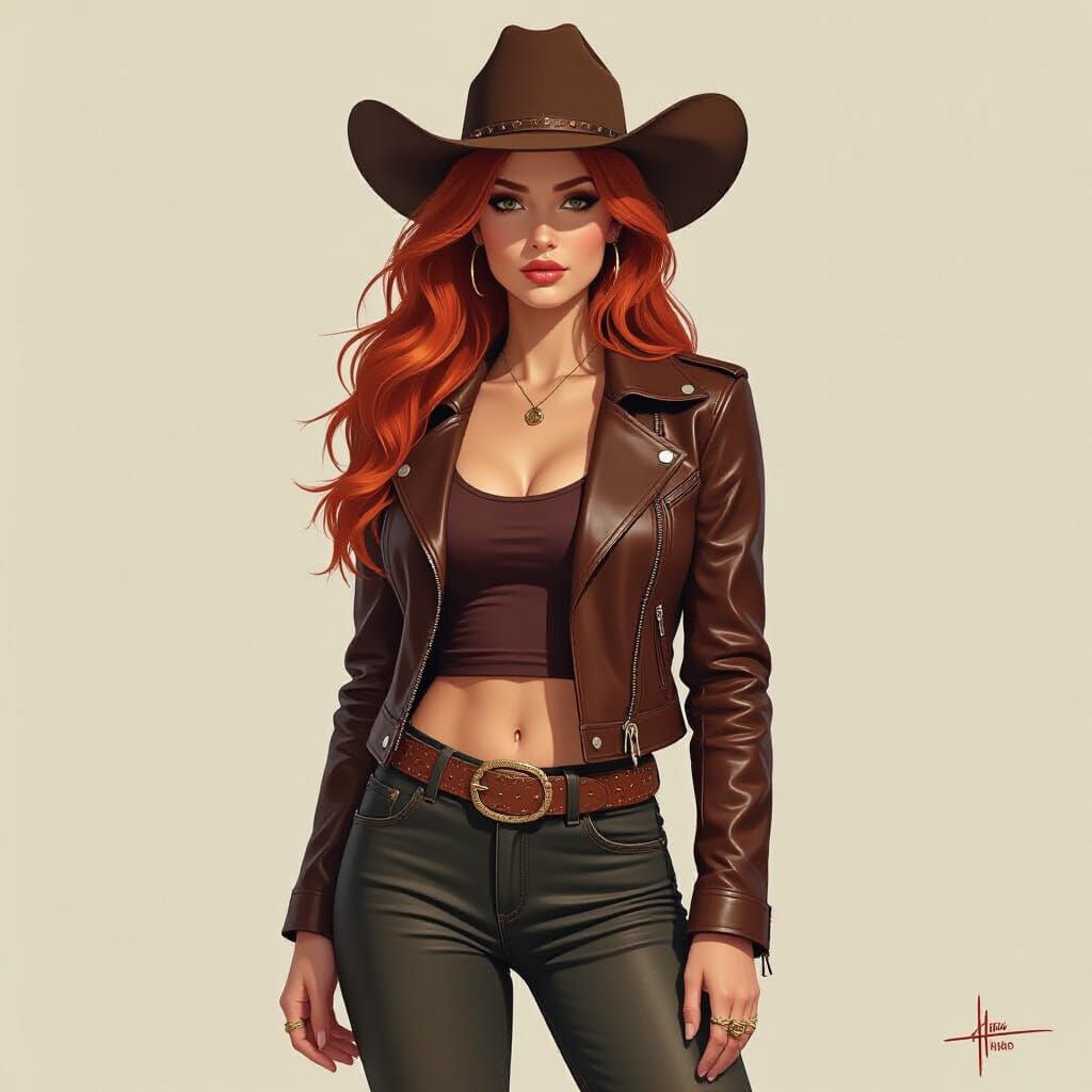Fiery Redhead in Cowboy Outfit, Illustrative Style