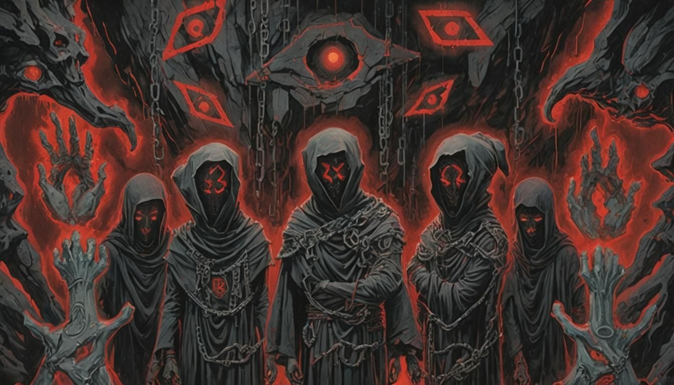 Ominous Faceless Figures in Dark Fantasy Cave