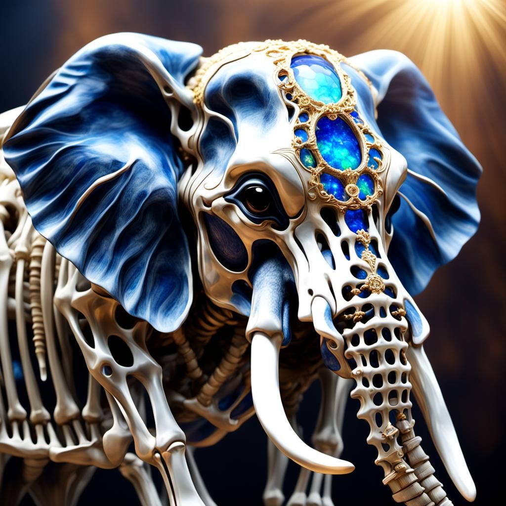 Opal and Sapphire Elephant Skeleton, Hyperrealistic Art