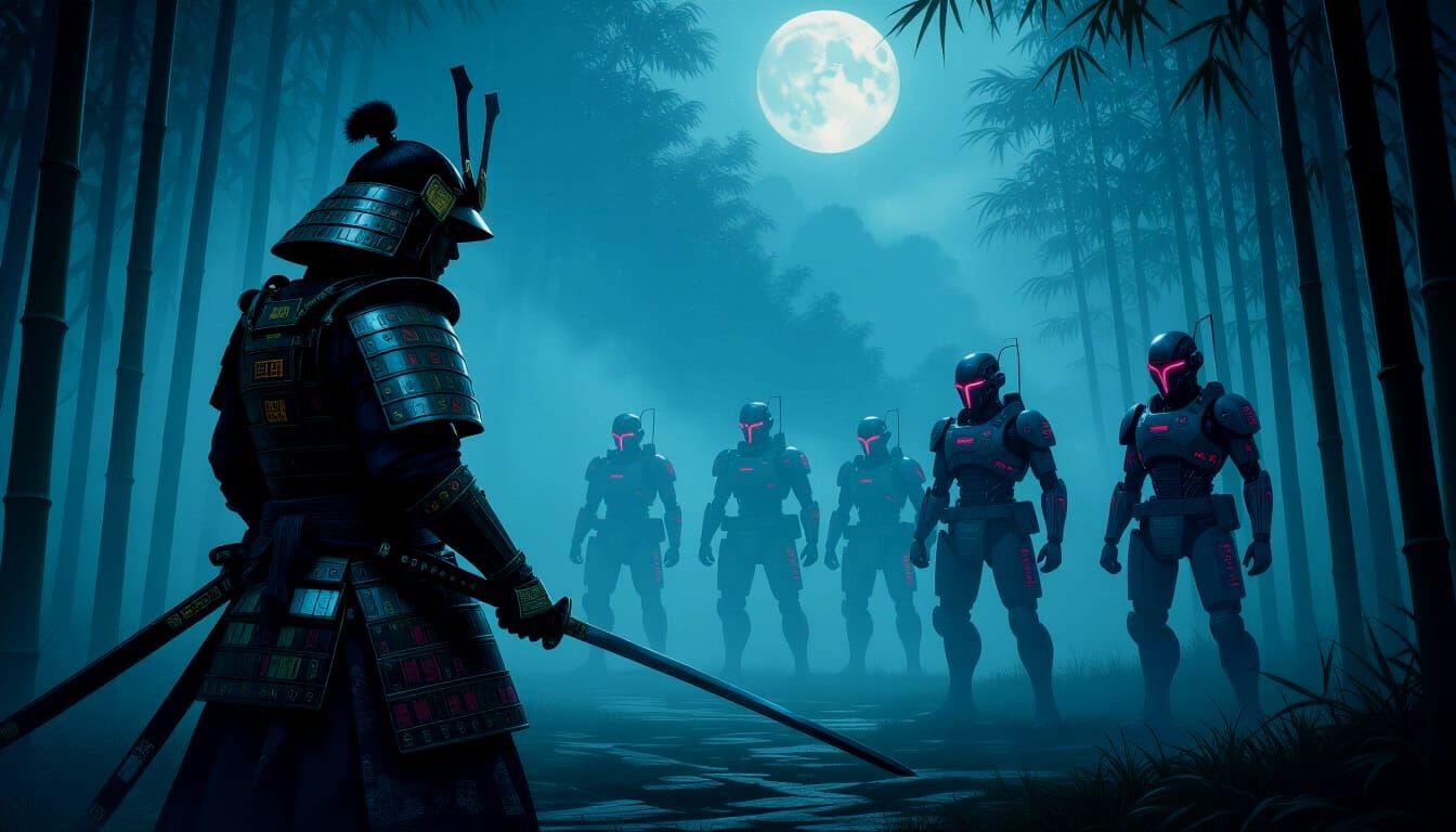 Samurai vs Cyborgs in Misty Bamboo Forest
