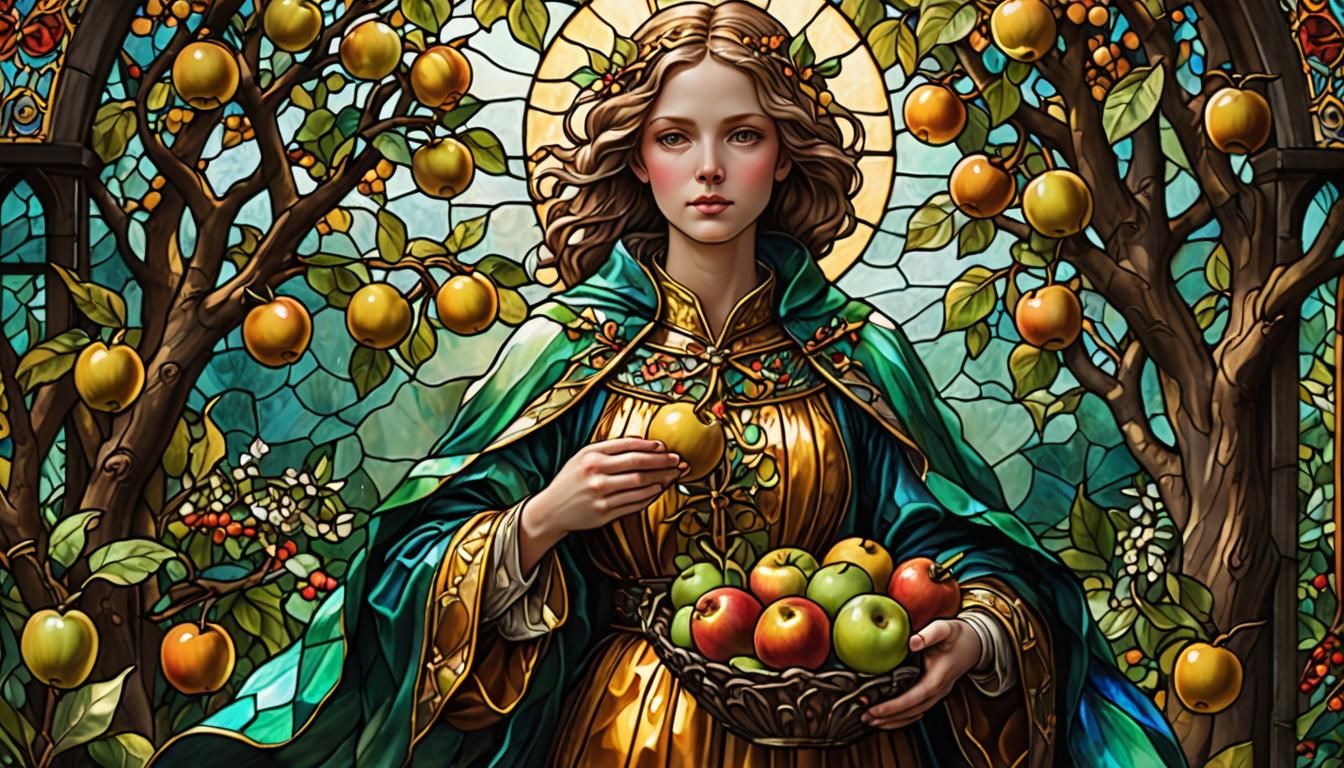 Idunna in Stained Glass Art With Golden Apples