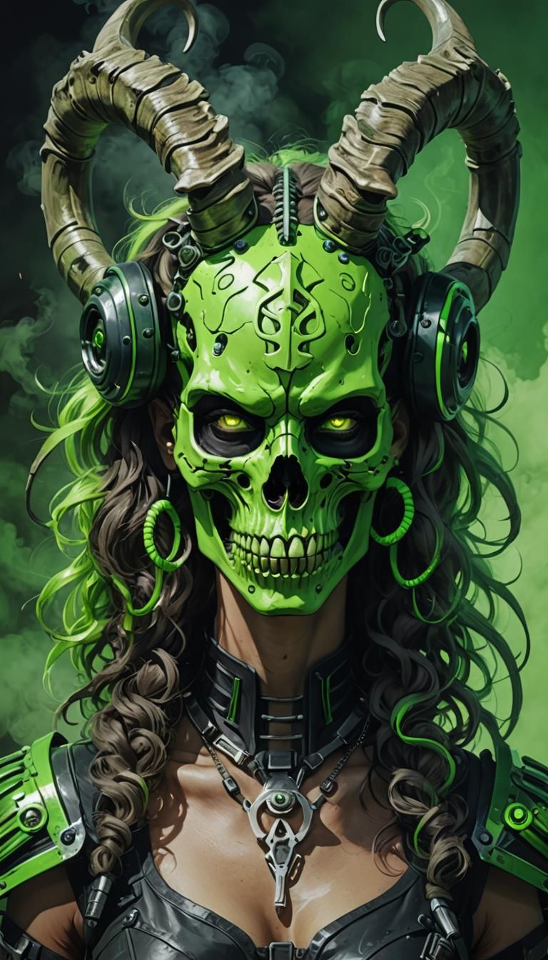 Female supervillain in Neon green Giant Ram's Skull