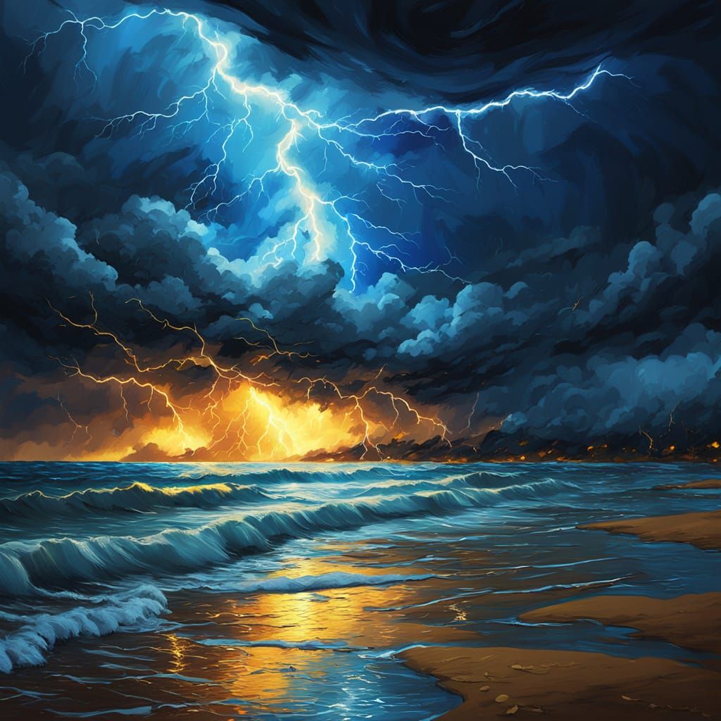Electric Blue Lightning Strikes Beach in Oil Painting