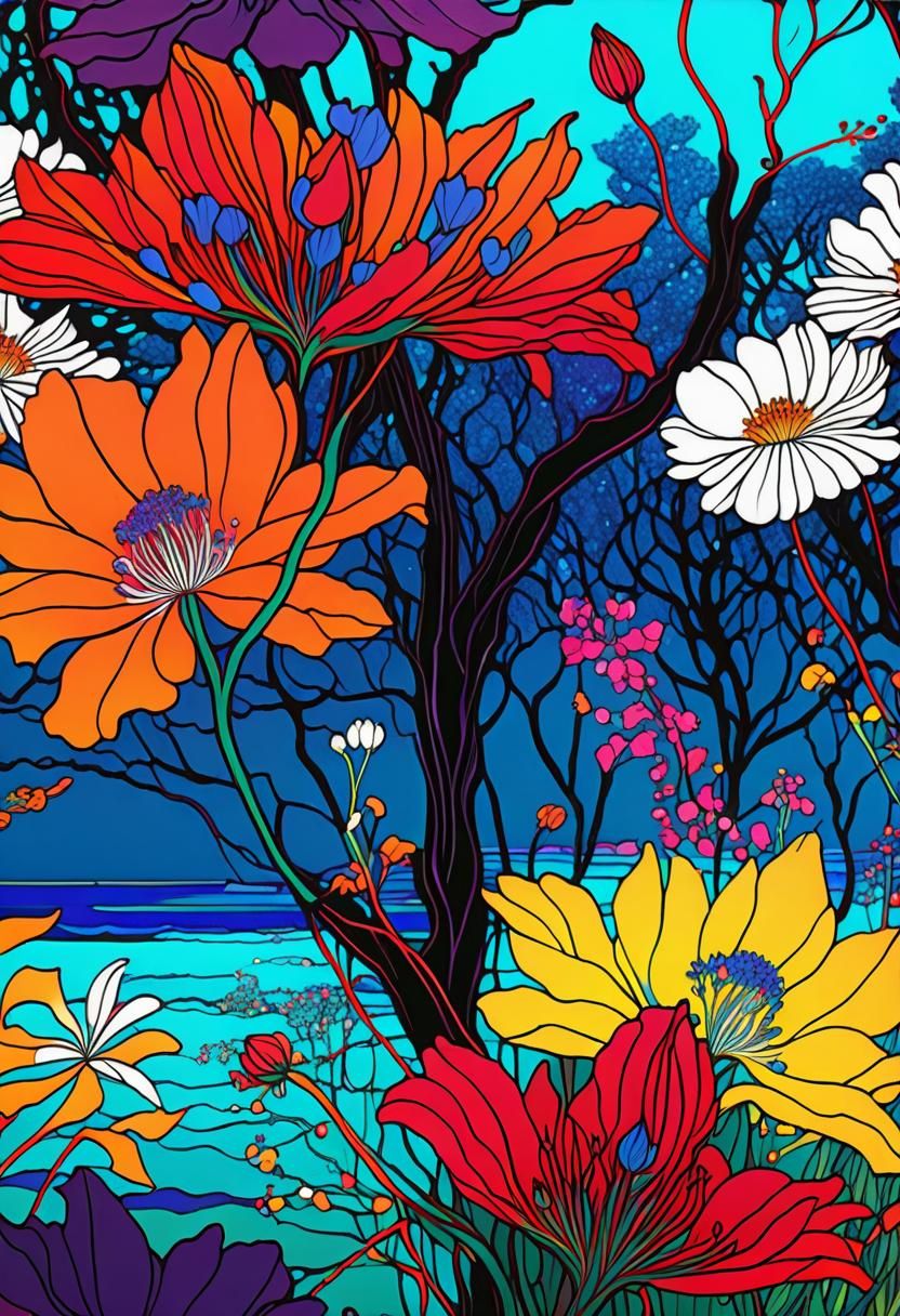 Explosive Floral Display in Art Nouveau Style