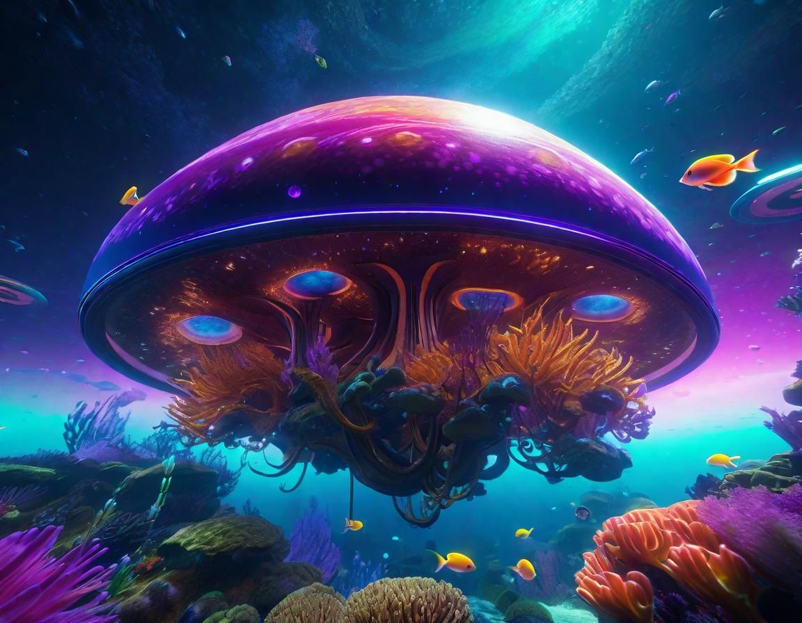Surreal Sci-Fi Space Landscape with Floating Reef Squid