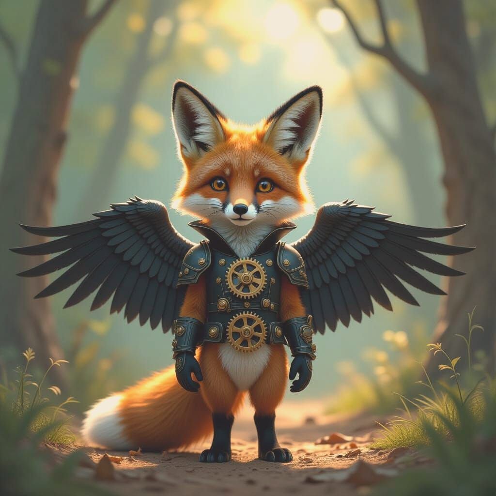 Steampunk Fox-Crow-Ostrich Hybrid in Dark Fantasy