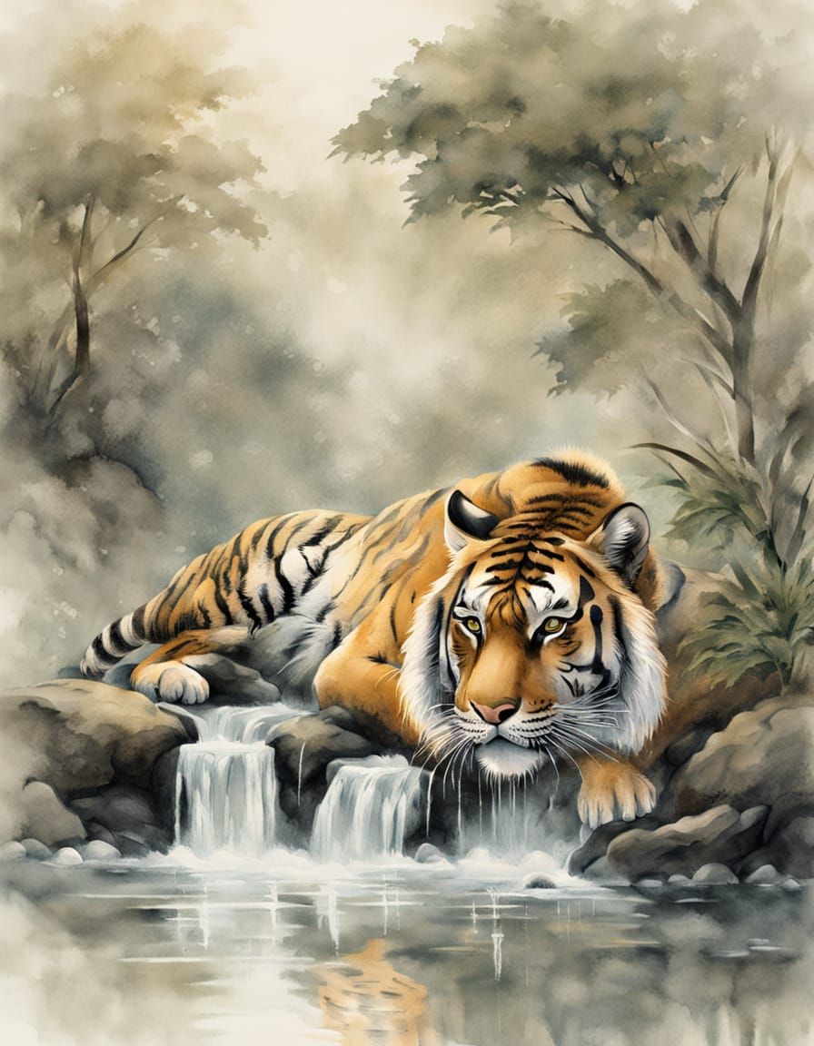 Serene Tiger Drinking: Chinese Ink Painting