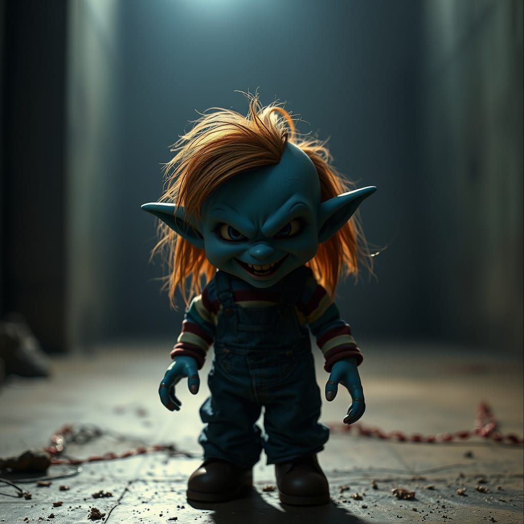 Menacing Chucky and Smurfette Offspring in Dimly Lit Setting