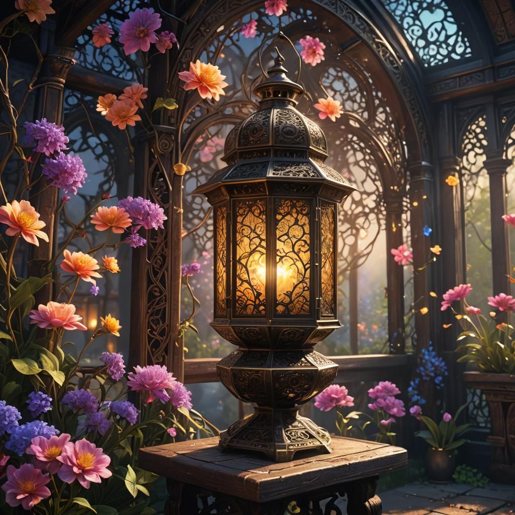 Glowing Filigree Lantern on Wizard's Bench