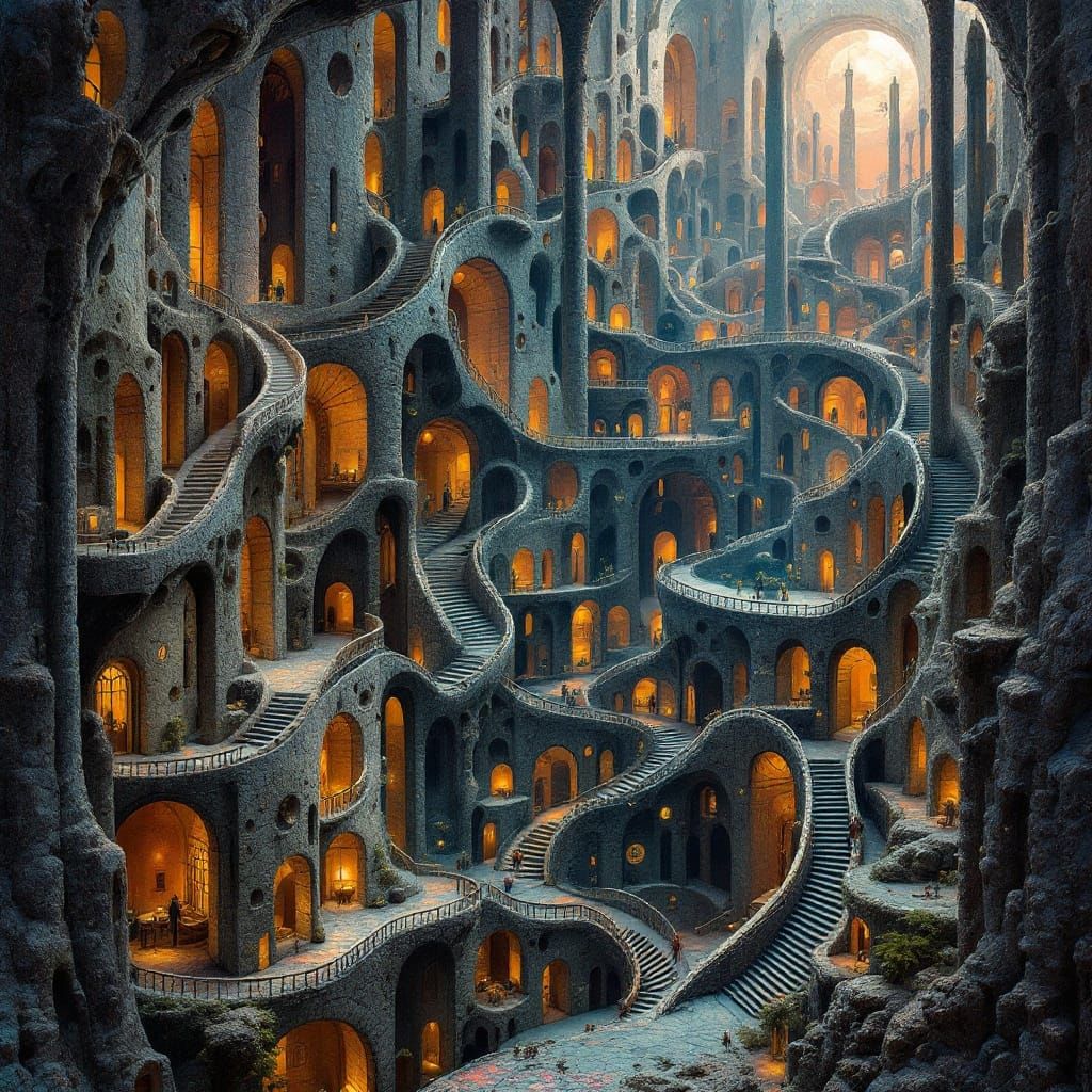 Surreal Escher-Inspired Architecture with Unsettling Biomech...